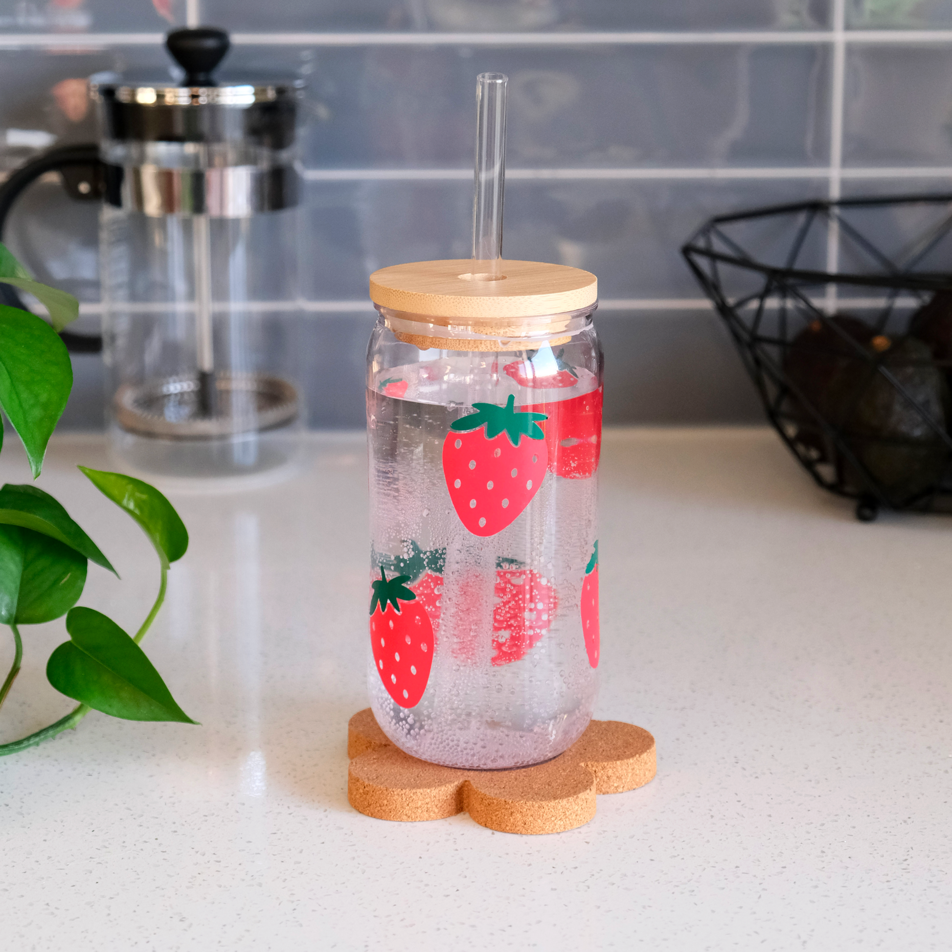 Strawberry Tumbler on Kitchen Counter
