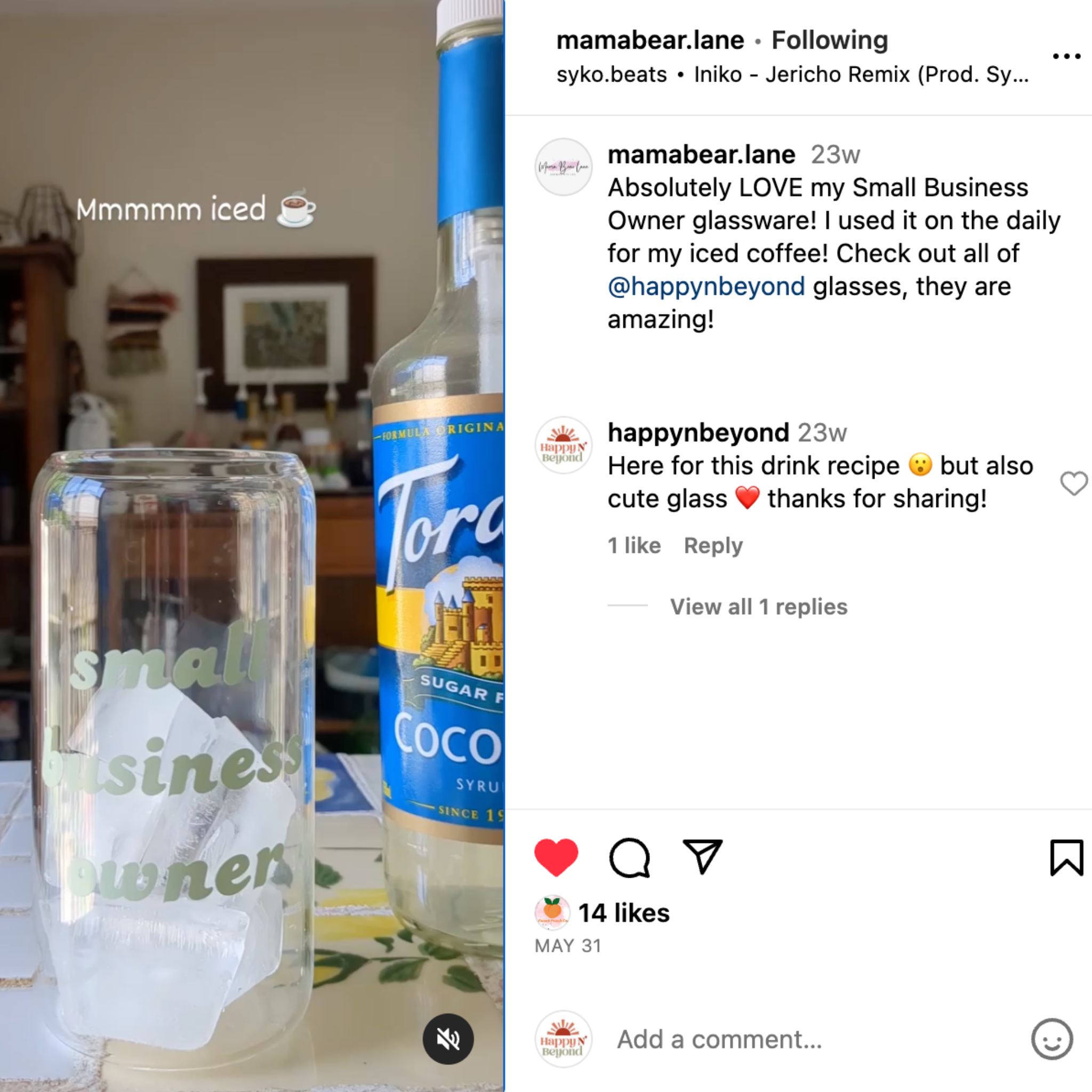 Instagram reel screenshot from mamabear.lane saying "Absolutely LOVE my Small Business Owner glassware! I used it on the daily for my iced coffee! Check out all of @happynbeyond glasses, they are amazing!"
