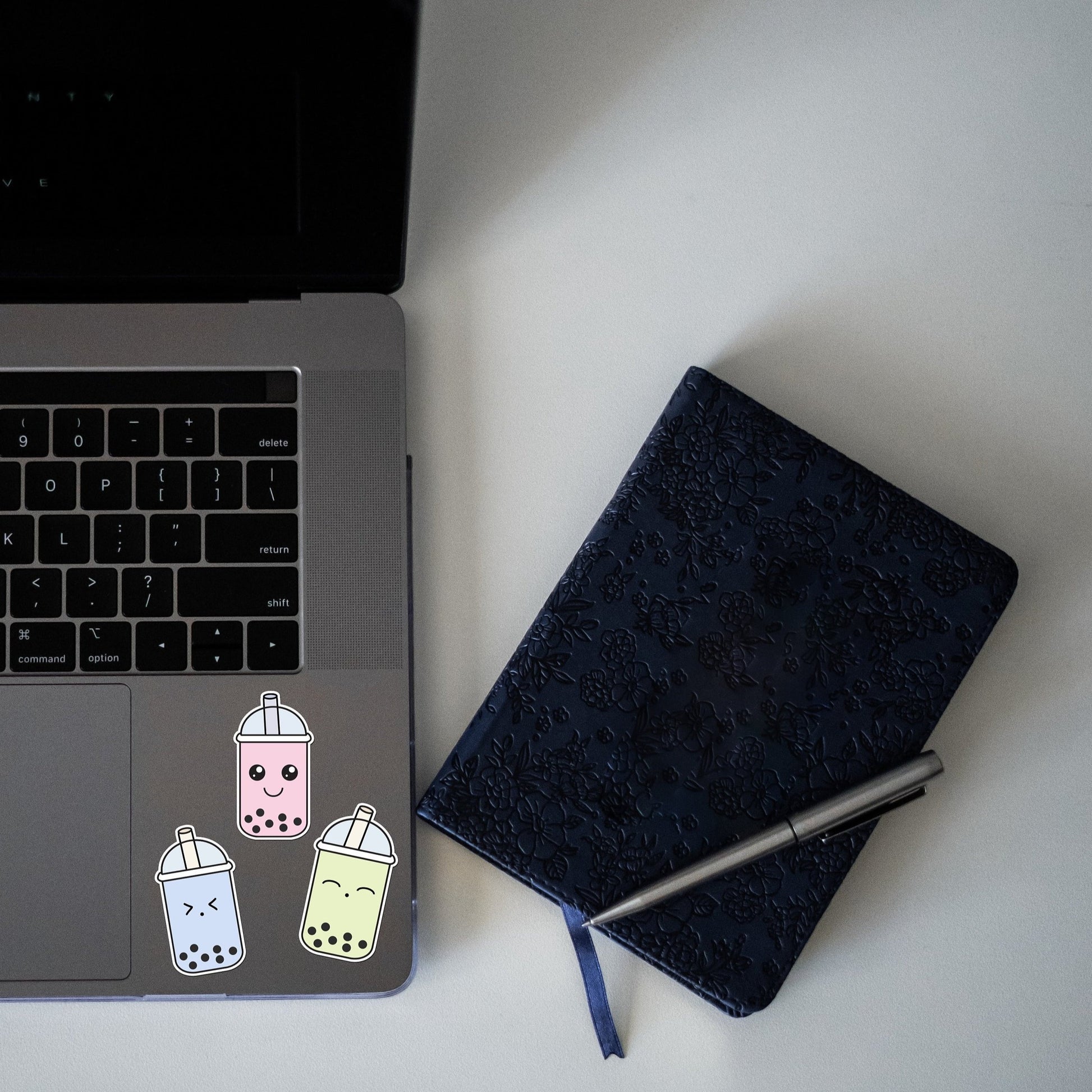 Bubble tea stickers on laptop